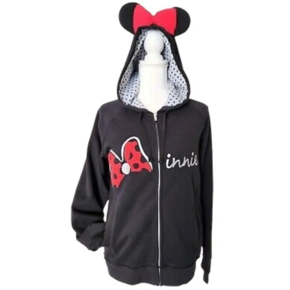 Disney Minnie Mouse Hooded Full Zip Jacket Fleece Lined Hoodie Black Size‎ Large